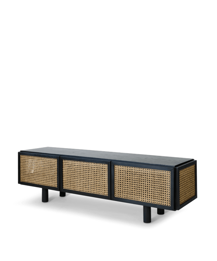 Sort Tv bord med fransk rattan i egetræ - Neo