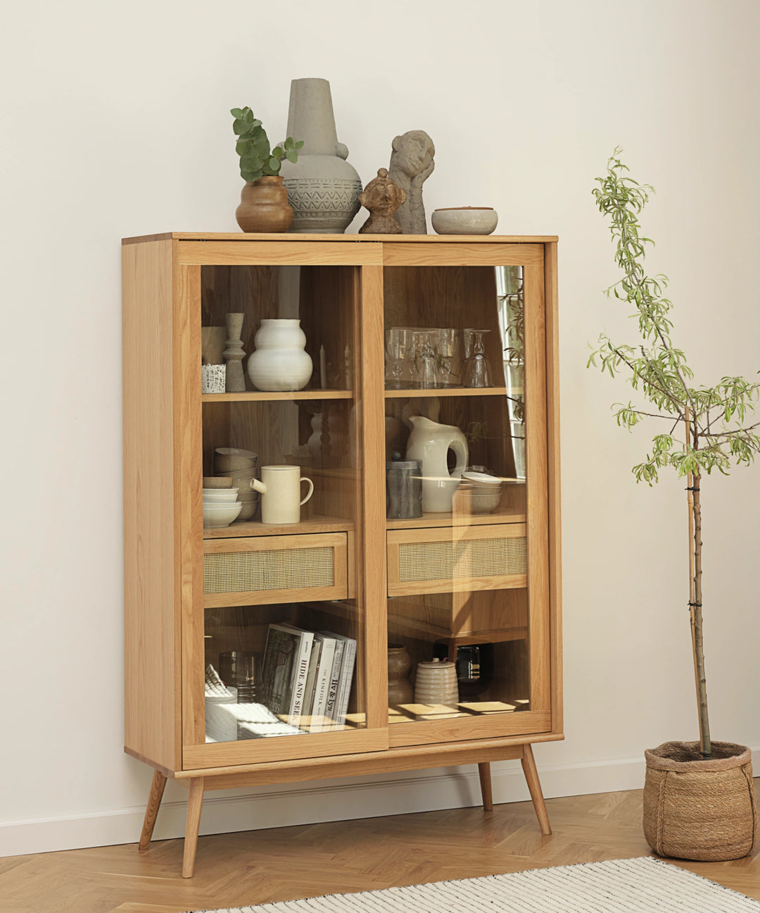 Barrali glas vitrineskab med flet 160cm, Natur egetræ