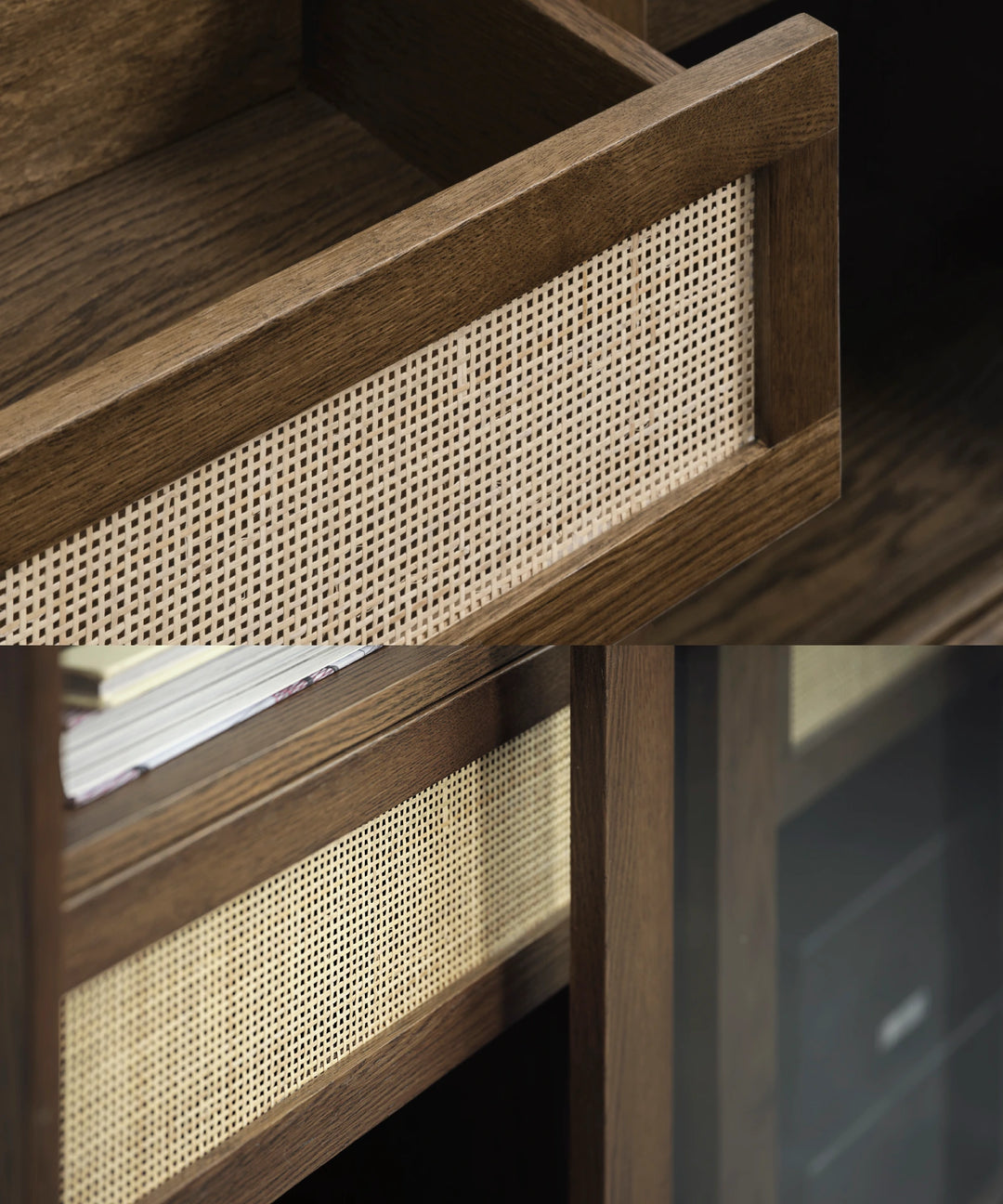 Barrali glas vitrineskab med flet 160cm, Brun egetræ