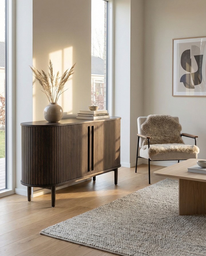 Meta skænk 140cm i brug røget egetræ med jalousi låger