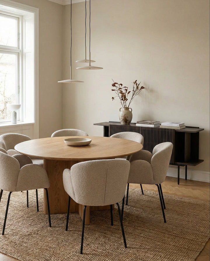 Moby spisebordsstol i beige boucle stof med sort metal stel. 