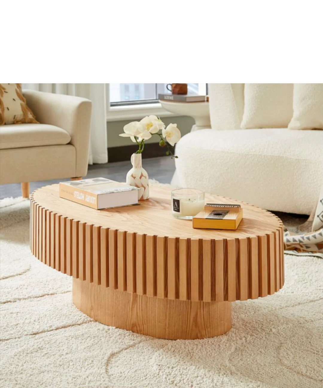 Engrenage - Ovalt sofabord med lameller i lyst træ 110cm