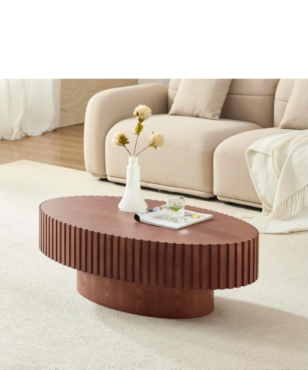 Engrenage - Ovalt sofabord med lameller i lyst træ 110cm