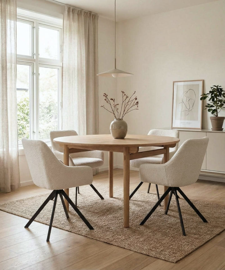 Ralf spisebordstol i hvid boucle med Carno rundt udtræksbord ø120 i egetræ