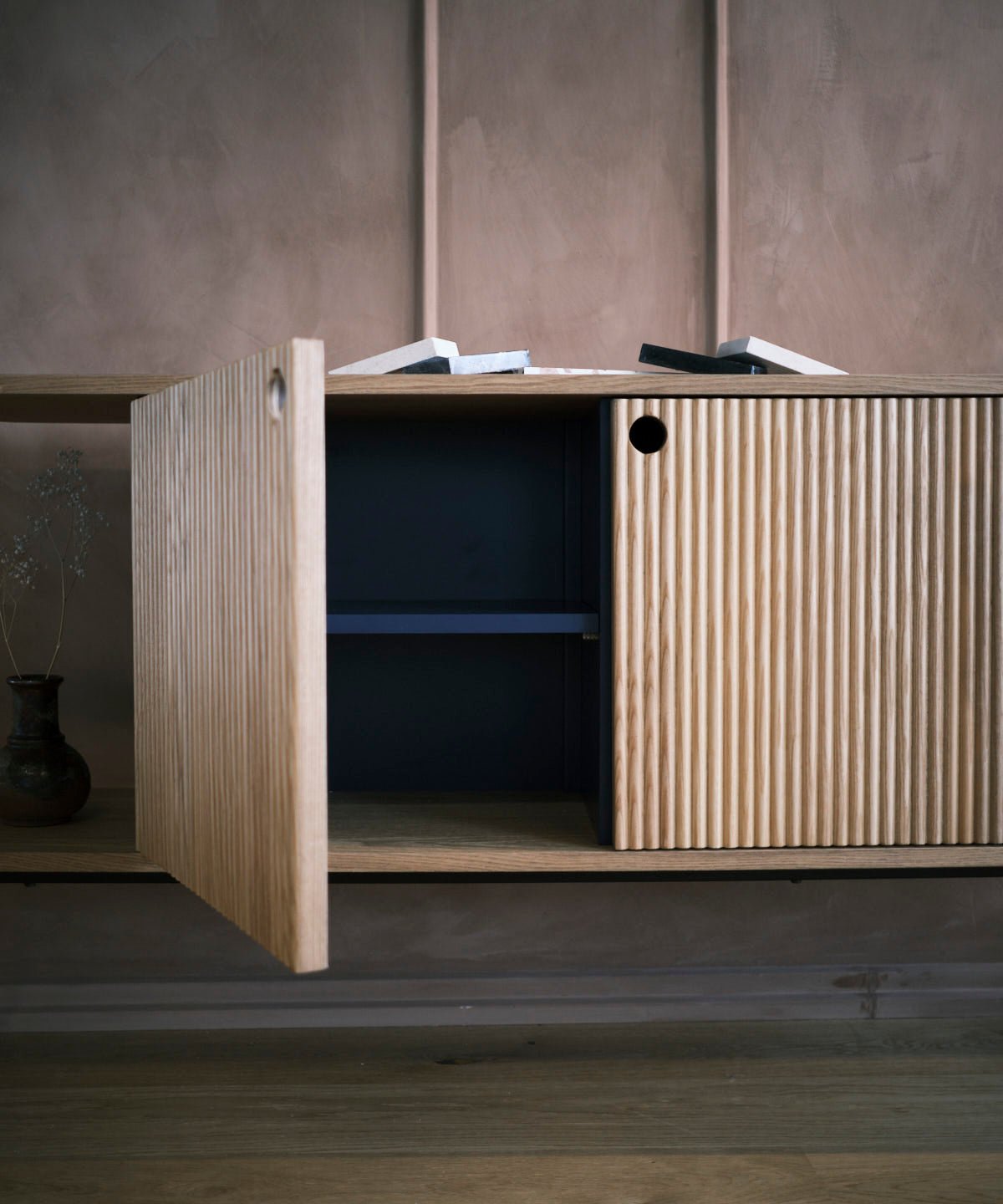 A sideboard in light ash with blue details, 120cm