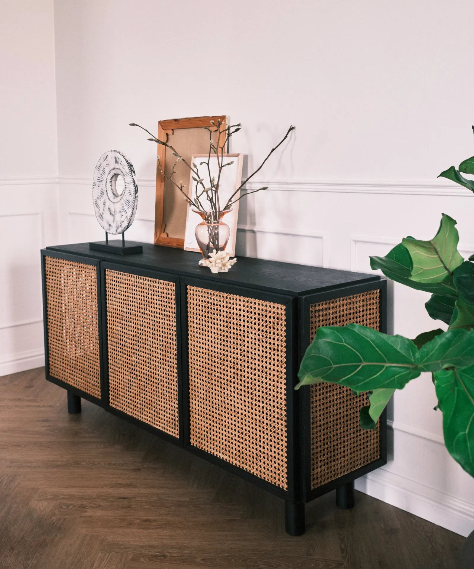 Sideboard in black oak with French rattan wicker Neo Njordec